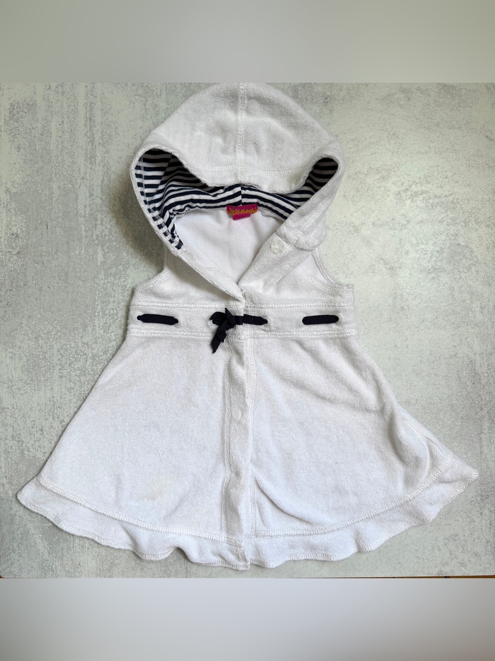 24M🌊 Kate Mack White Hooded Terry Swim Coverup Dress with Navy Stripe Lining
